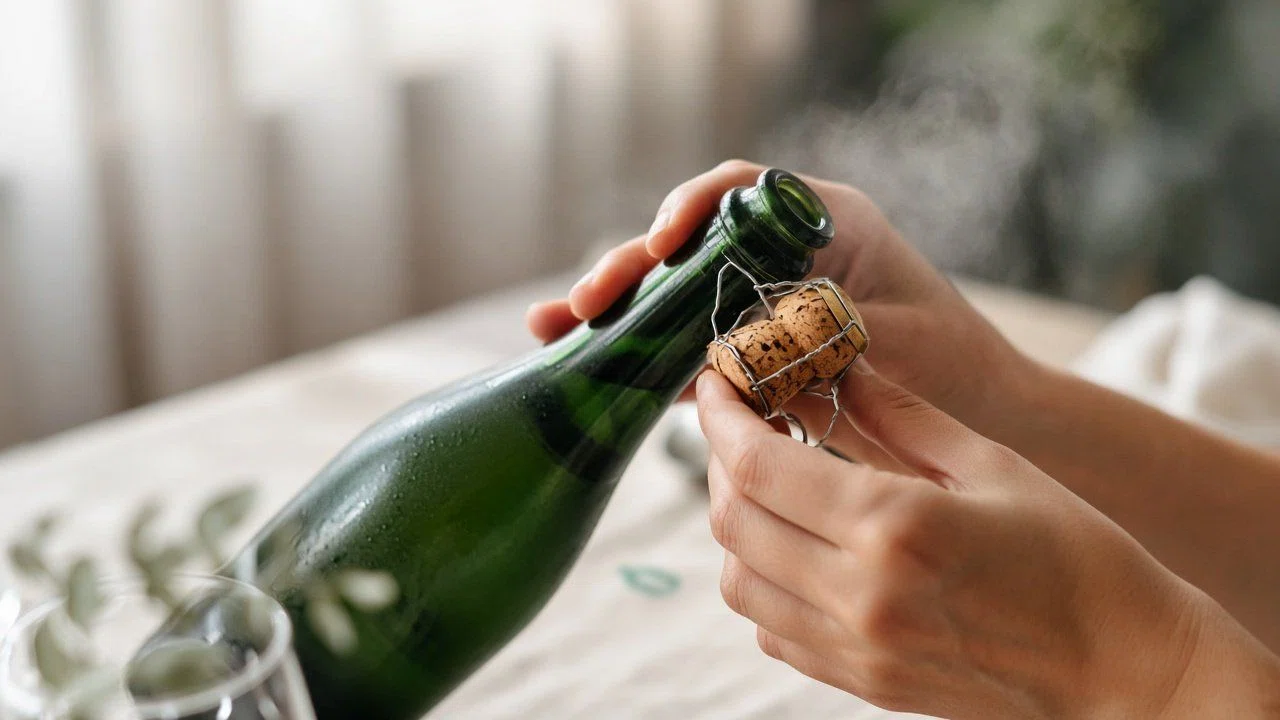 Een gekoelde fles mousserende wijn wordt schuin geopend