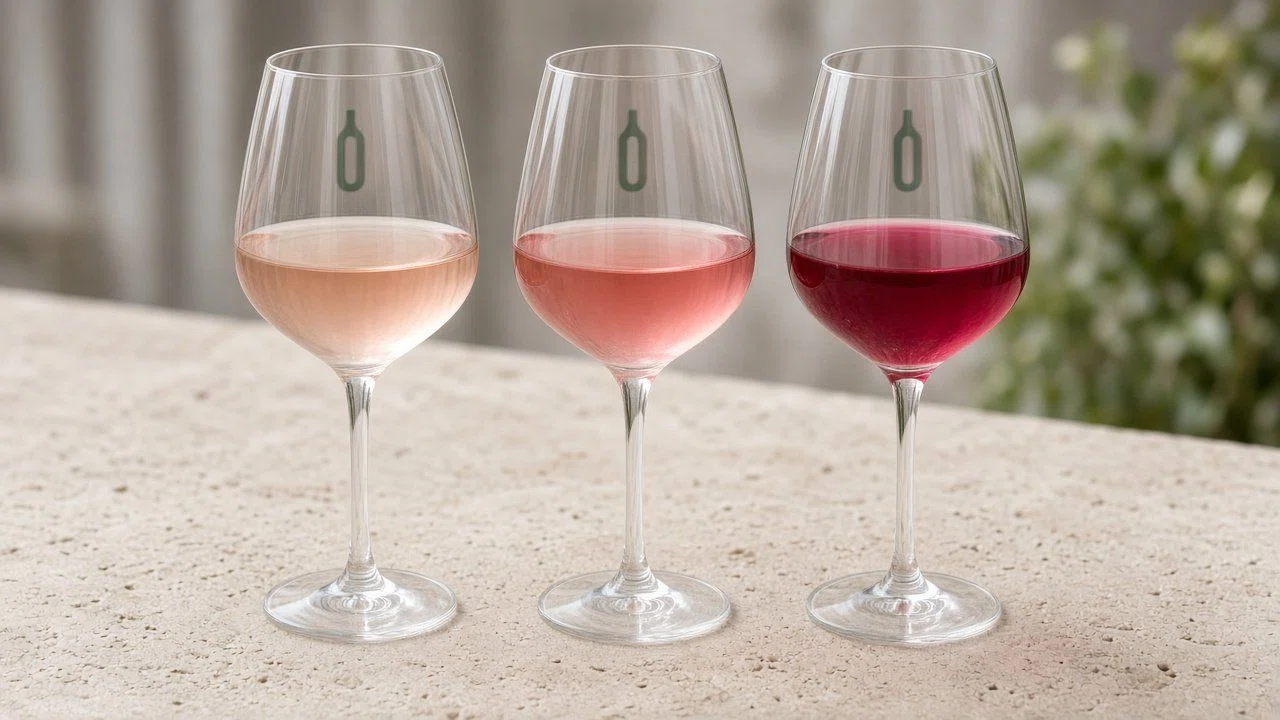 Drie glazen rosé van bleek zalmroze tot diep framboos