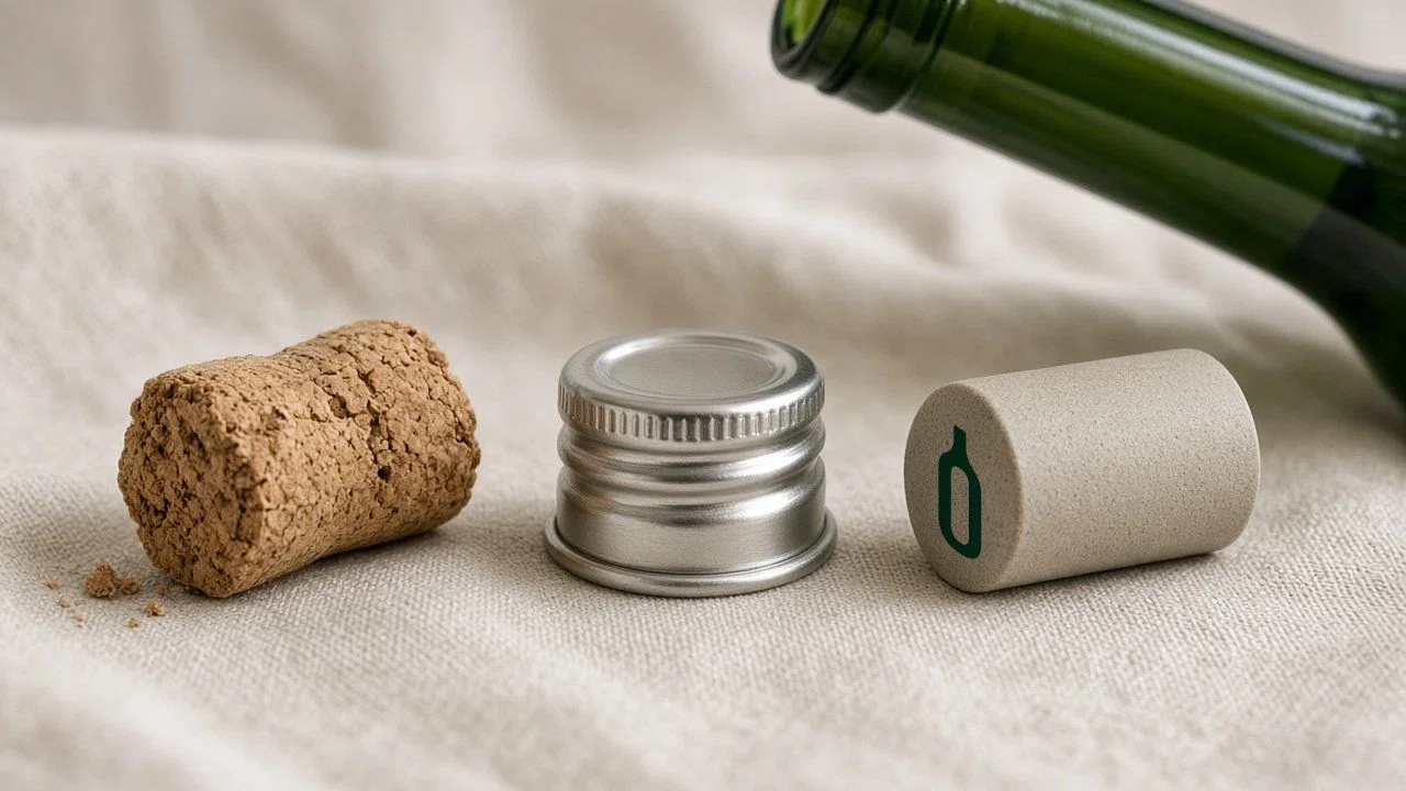 Natuurkurk, synthetische kurk en een schroefdop naast een fles